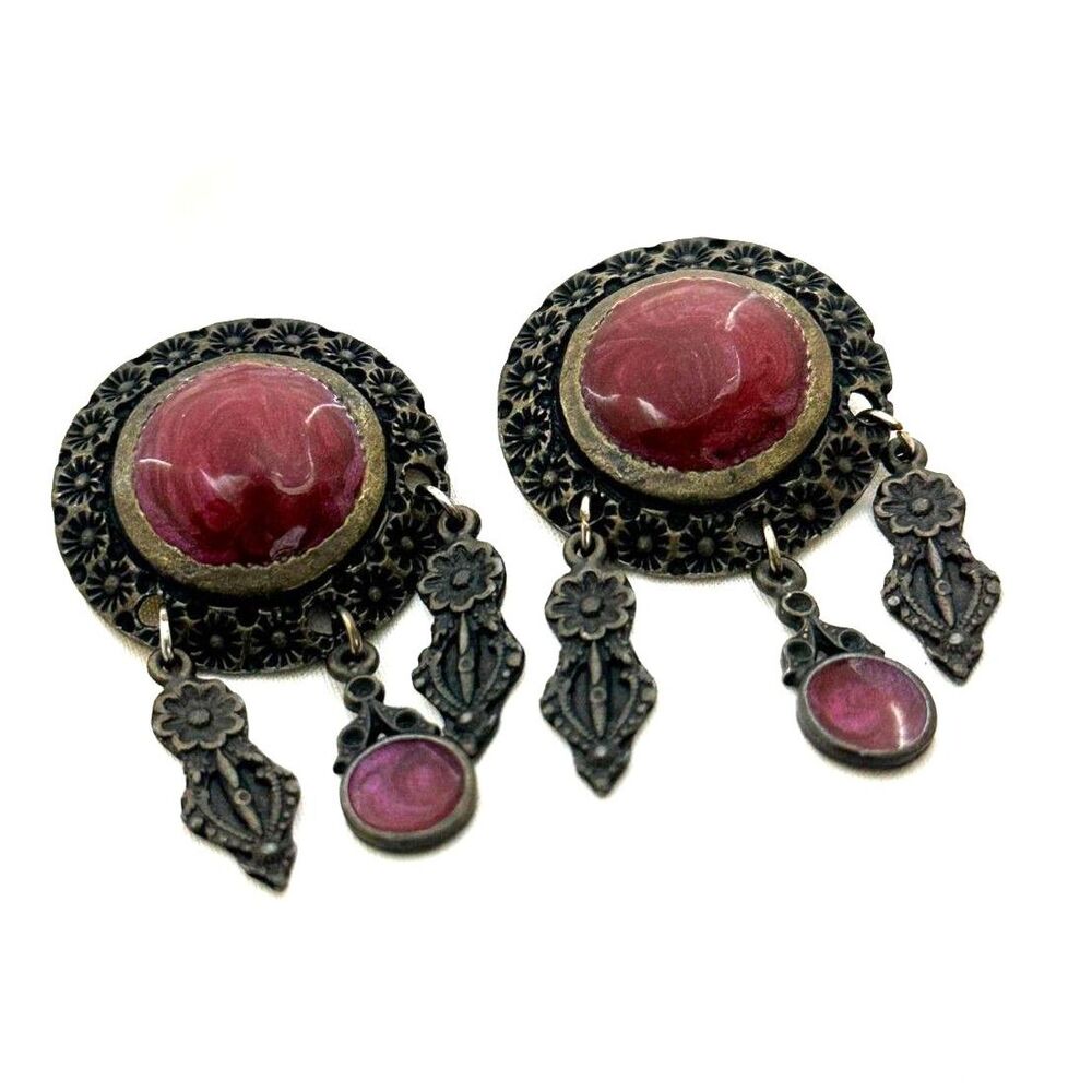 Burgundy Purple Enamel Shield Shaped Earrings with Dangles